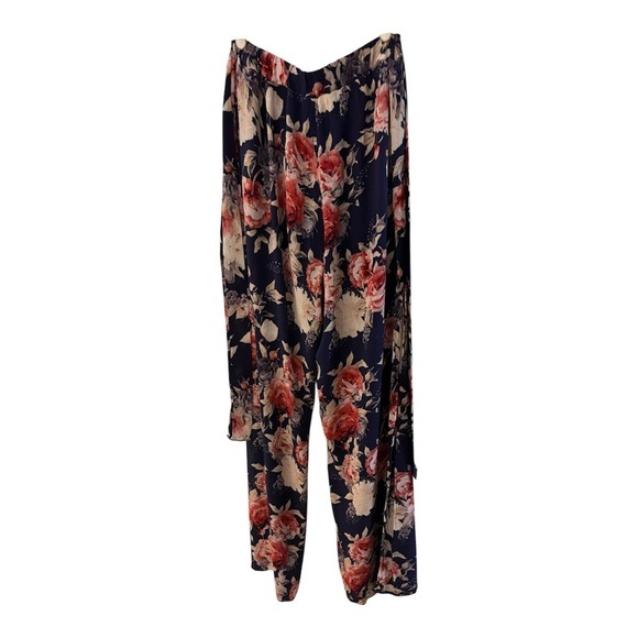 2/$20 - Gorgeous Blue & Pink Lock & Key Floral Wide Palazzo Style Flowy Pants - Picture 2 of 9